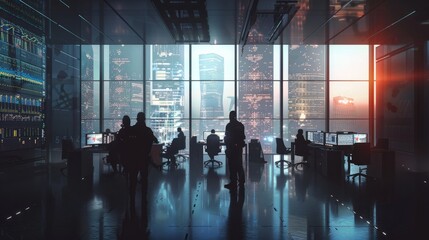 Cybersecurity professionals conduct a cyber attack simulation in a high-tech control room illuminated by natural light from windows. , natural light, soft shadows, with copy space hyper realistic 