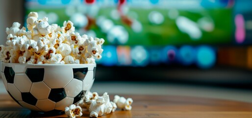 A bowl of popcorn sits on the table in front of an oversized TV displaying soccer  games, with players running and kicking the ball, copy space for text