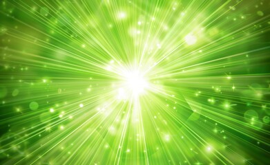 A bright green background with rays of light radiating from the center, creating an energetic and positive atmosphere