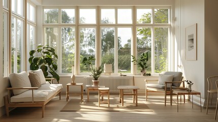 A sunroom with a minimalist Scandinavian style, featuring light wood furniture, neutral tones, and large windows allowing natural light to flood the space
