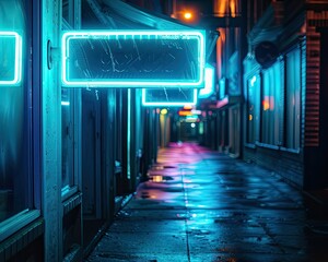 Fototapeta premium Aquamarine neon lights glowing in urban setting
