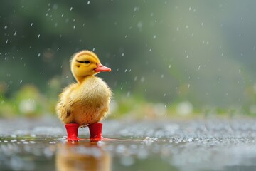 A cute duckling standing in a puddle, wearing tiny red rain boots. The background shows a rainy day with drops falling