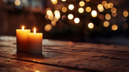 Empty wooden table with candles lit and christmas tree  with bokeh on background. Christmas holiday abstract backdrop mock-up of a showcase for demonstrating  products.  Mockup with copy space