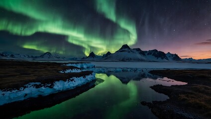 Naklejka premium : On a journey to the ethereal landscapes of Iceland, where glaciers meet volcanic terrain under the dancing Northern Lights ai_generated