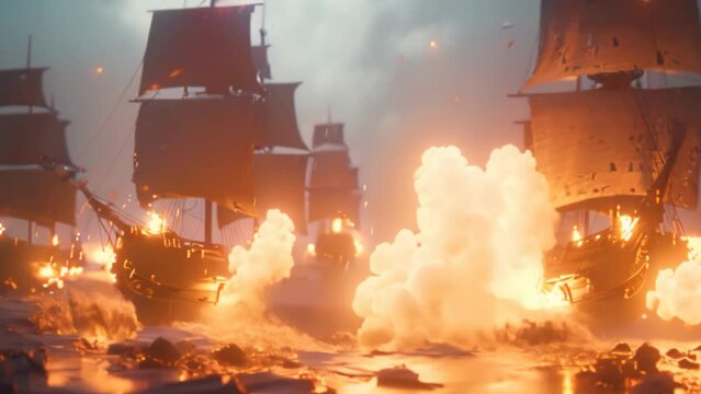 Pirate ships fighting during a storm