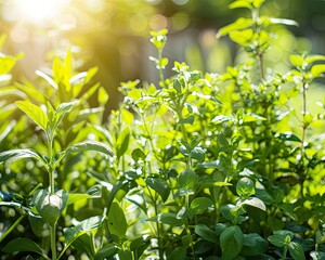 Obraz premium Aromatic herbs growing in a sunny garden