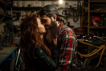 Obraz premium Romantic couple embraces in a rustic workshop. They are surrounded by bicycles and tools. The moment appears candid and intimate. Image depicts contemporary lifestyle and love story. Generative AI