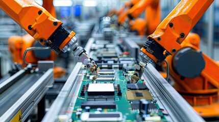 Fototapeta premium Photograph of automated assembly line machinery producing technology products