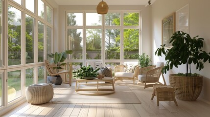 A sunroom with a Scandinavian design, featuring light wood furniture, neutral tones, and large windows allowing natural light to flood the space
