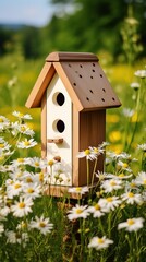 A birdhouse nestles among spring flowers