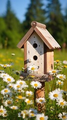 A birdhouse nestles among spring flowers