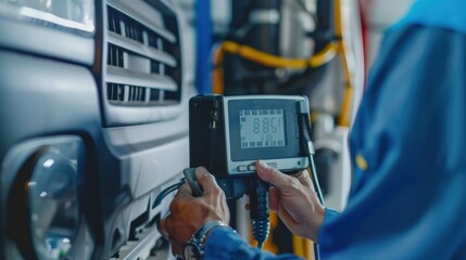 a person who is performing a vehicle inspection or diagnostic test using a portable device connected to the front of the vehicle