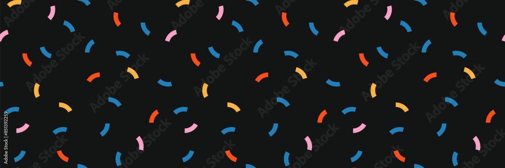 Poster geometric colorful vector seamless pattern, black backdrop. memphis style cute playful kids banner. 