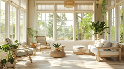 A sunroom with a Scandinavian design, featuring light wood furniture, neutral tones, and large windows allowing natural light to flood the space