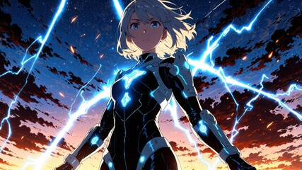 A brave female warrior in futuristic armor with majestic blue and white lightnings in her surroundings.