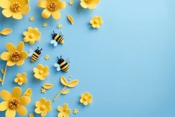 Cute Bees. Topview of Felt Bees with Yellow Flowers on Blue Background