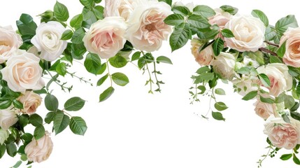 Flowers Arch. Composition of Beautiful White Rose Flowers and Leaves in Pink and Green Frame