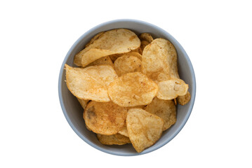Organic potato chips in blue bowl isolated on white