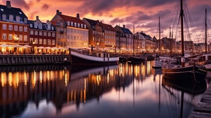 Fototapeta premium beautiful view at the water's edge at dusk with reflections in the water. There are several boats docked along the side, and rows of traditional buildings
