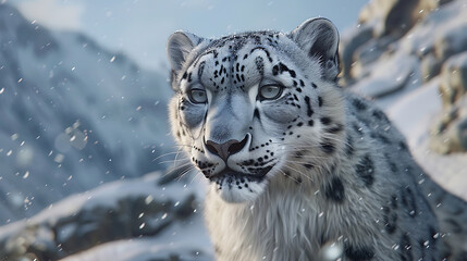 Close up snow leopard portrait in mountain landscape. Generative AI illustration 