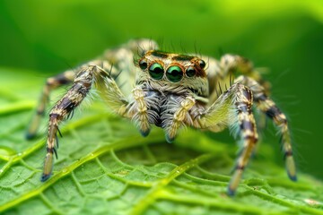 Jumping Spiders: Close-Up of Hyllus Diardi Spider in Natural Green Background