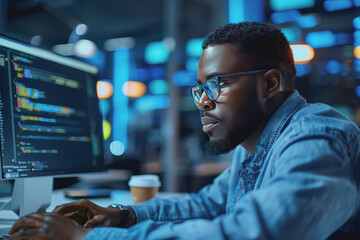 A developer writes code on his laptop. Inside the office develop software for customers.