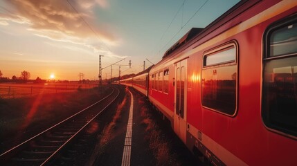 Naklejka premium Train Countryside. Modern German Train Traveling through Colorful Landscape at Golden Hour