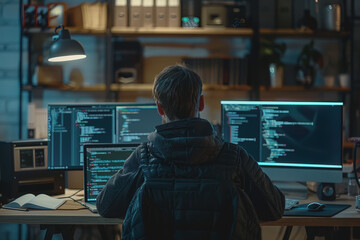 A developer writes code on his laptop. Inside the office develop software for customers.