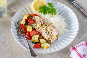 Oven baked salmon and vegetables with rice