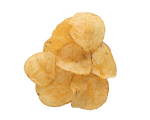 Organic potato chips heap from above isolated on white