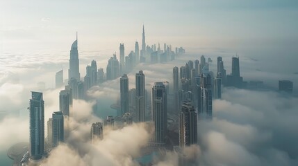 City Skyline Fog. Aerial Top View of Dubai Marina on a Foggy Day