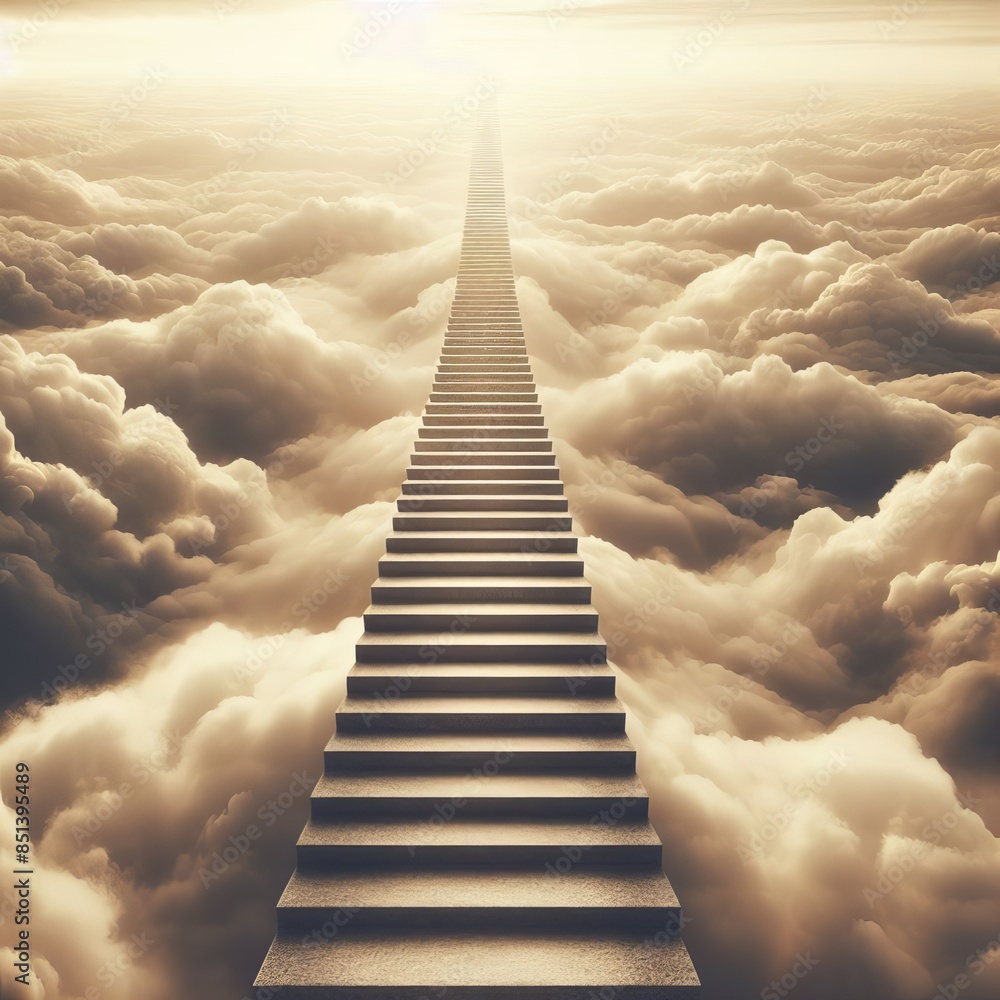 Poster a breathtaking digital rendering of an endless staircase ascending through the clouds towards a brig