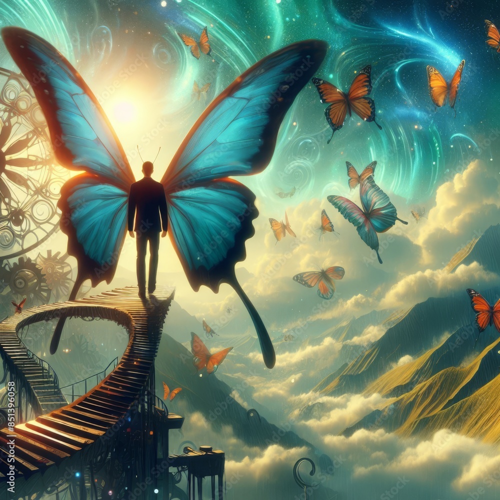 Poster a man walks on a fantastical bridge in a surreal landscape filled with vibrant butterflies and swirl
