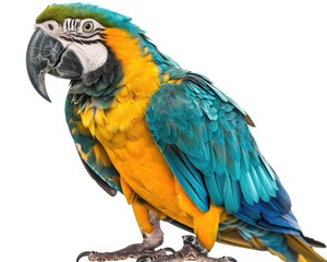 Fototapeta premium Isolated Parrot. Ara Ararauna, Blue and Yellow Pet Bird in Studio on White Background
