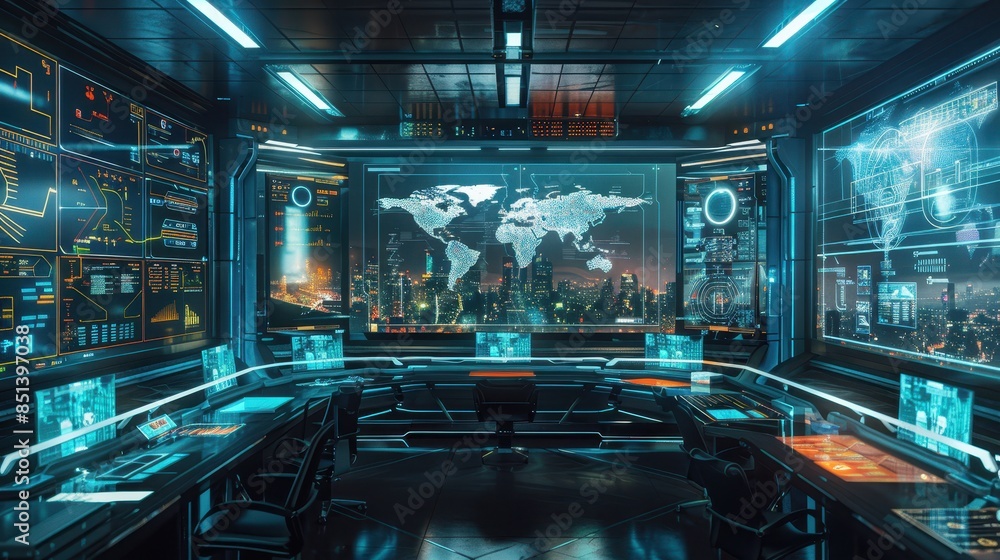 Poster futuristic command center with advanced technology, illuminated screens, and global maps showcasing 