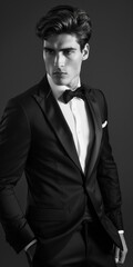 Fototapeta premium Tuxedo Man. Handsome Male Model in Fashionable Black Suit