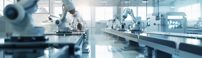 Modern automated manufacturing assembly line with robotic arms in a high-tech industrial facility, showcasing advanced production technology.
