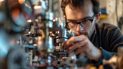 Close-up of an engineer working in an industrial setting, adjusting intricate machinery with precision tools, 