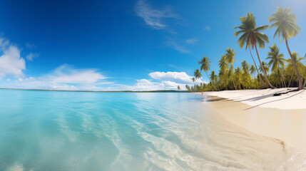 Fototapeta premium A pristine beach with golden sand and clear turquoise waters, framed by swaying palm trees under a bright blue sky