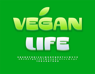 Vector eco concept Vegan Life. Stylish Green. Modern 3D Alphabet Letters and Numbers set.