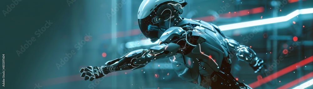 Poster futuristic cybernetic humanoid robot extending arm in a high-tech environment with neon lights, show