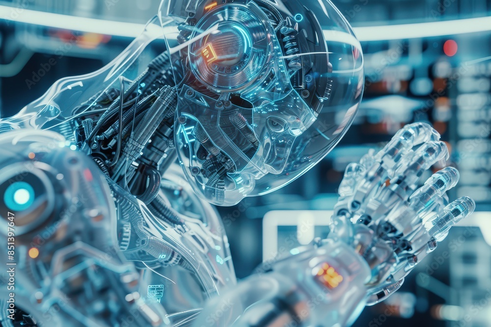 Poster futuristic transparent humanoid robot with visible inner mechanisms and circuits, showcasing advance
