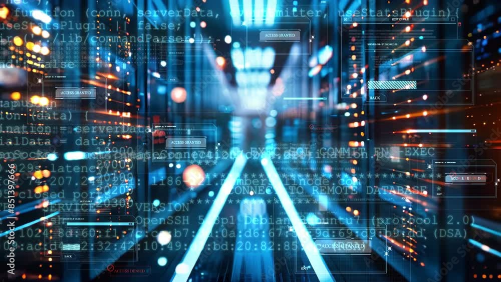 Poster data center with a row of computer servers. abstract generic concept of cyberspace, communication an