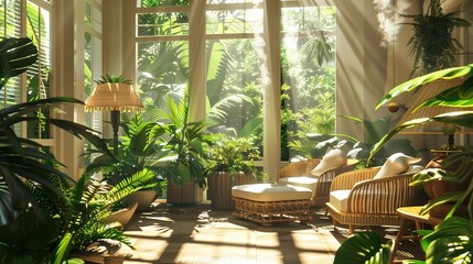 Fototapeta premium A sunroom with a tropical oasis theme, featuring lush greenery, rattan furniture, and sunlight creating a serene atmosphere