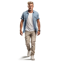 Fototapeta premium young man in casual shirt standing isolated over white background. Male portrait
