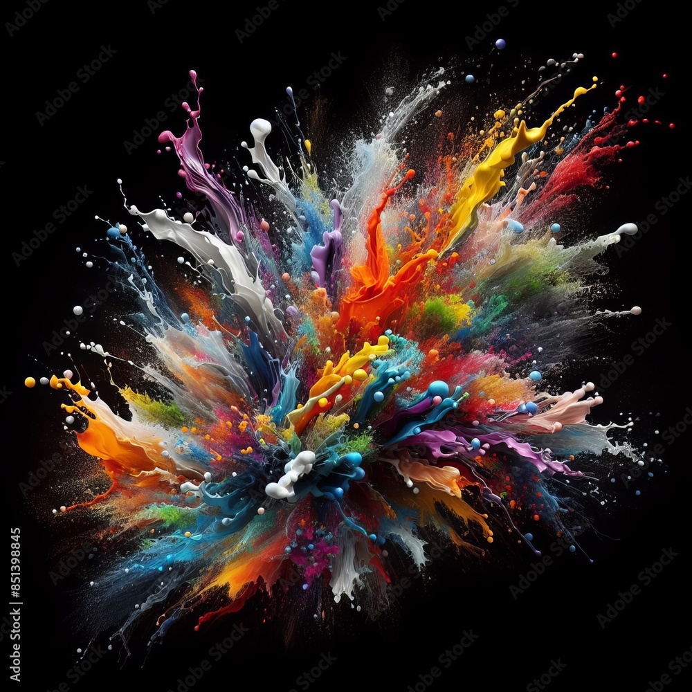 Poster a stunning explosion of vibrant colors against a black background, showcasing a dynamic burst of pai
