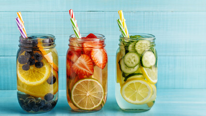 Detox fruit infused water. Refreshing summer homemade cocktail