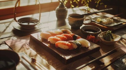 Sushi Platter on a Wooden Table with Sunbeams
