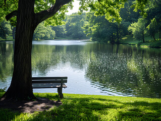Obraz premium a photograph of a serene lake scene with reflections of sunlight on the water.