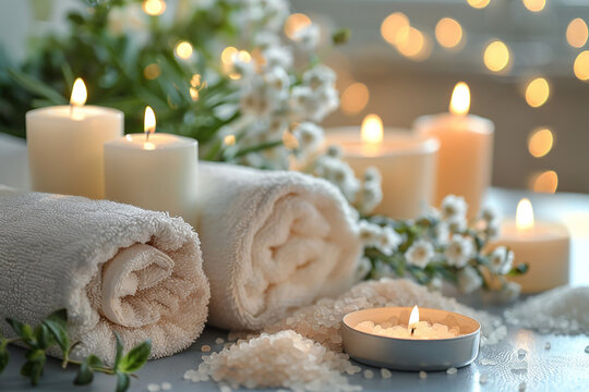 A serene spa setting with candles, towels, and bath salts, promoting relaxation and self-care